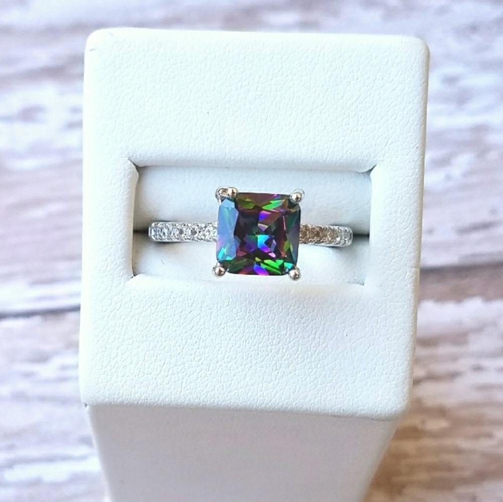 Princess Cut Rainbow CZ White Gold Ring
